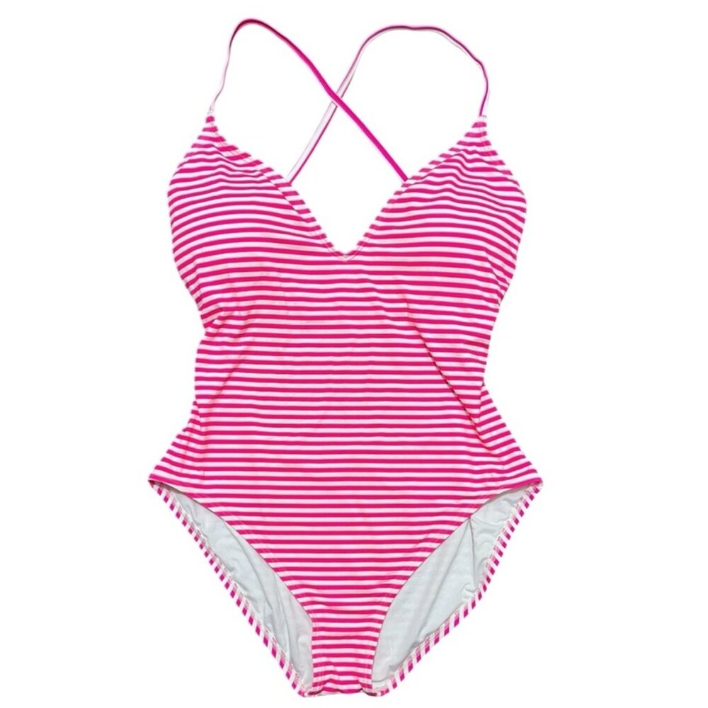 Kate Spade Radiant Pink Striped Swimsuit Ringmaster Crossback - LARGE - NWT $148